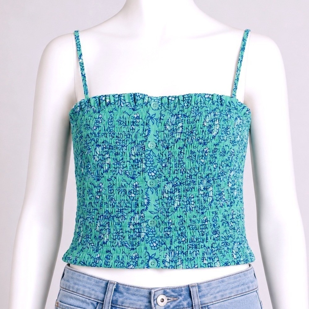 Roller Rabbit for Target Aqua Blue Floral Smocked Button Front Tank Top Medium